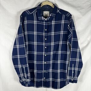 Jachs Girlfriend Womens Flannel Shirt Large Blue White Plaid Button Up EUC